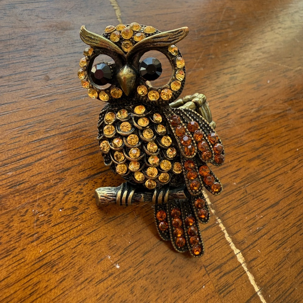 Vintage Owl Ring with Amber and Bronze Accents